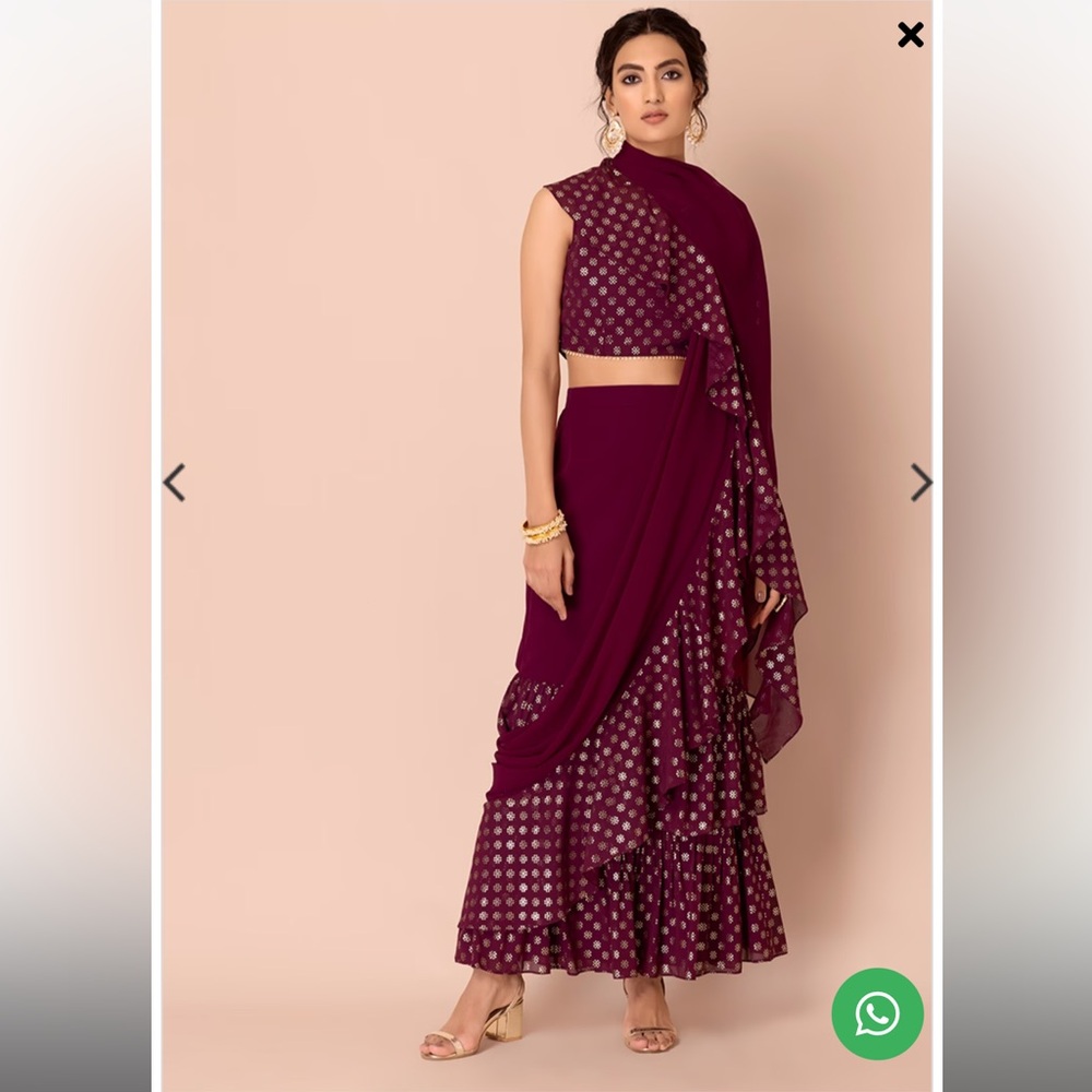 Wine Star Foil Ruffled Pre-Stitched Saree (Without Blouse)
